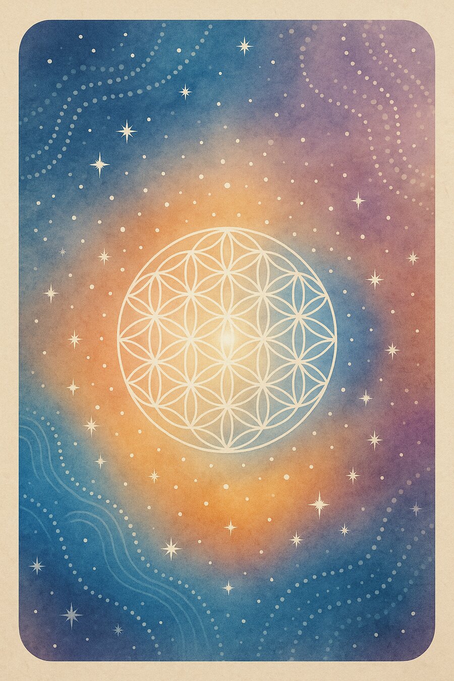 The reverse of a Rainbow Earth card, a glowing Flower of Life mandala over a watercolour night sky